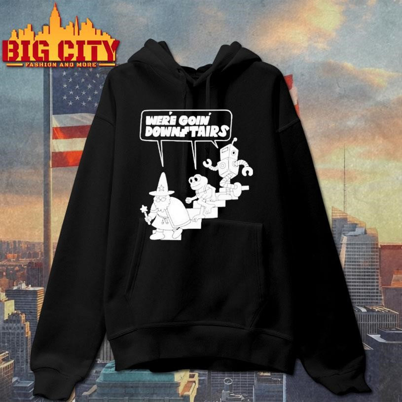 Were Goin Downstairs Wizard Frog Robot Walking Down Shirt