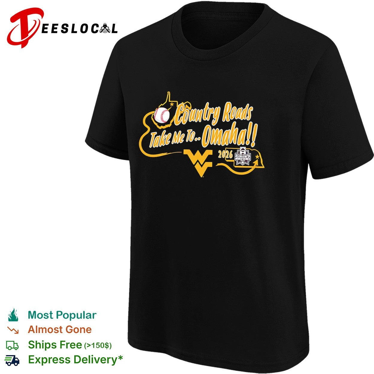West Virginia country roads take me to Omaha baseball 2026 NCAA mens College World Series shirt
