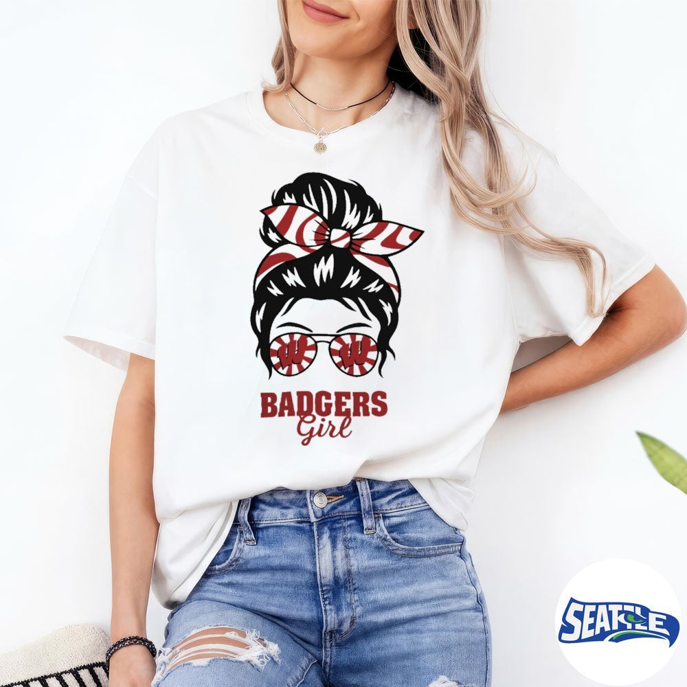 Wisconsin Badgers Girl Messy Bun Glasses 2026 shirt