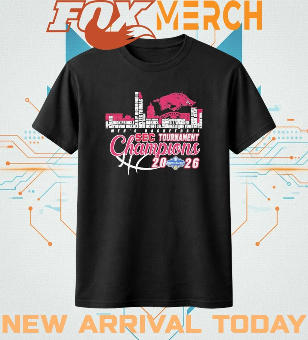 Arkansas Razorbacks Men’s Basketball 2026 Sec Tournament Champions city skyline t-shirt