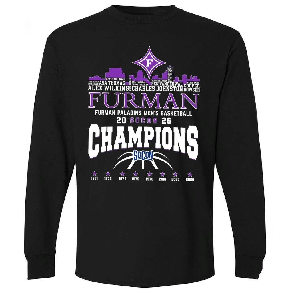 Congrats Furman Paladins Champions 2026 SoCon Men’s Basketball 8X City Skyline Shirt