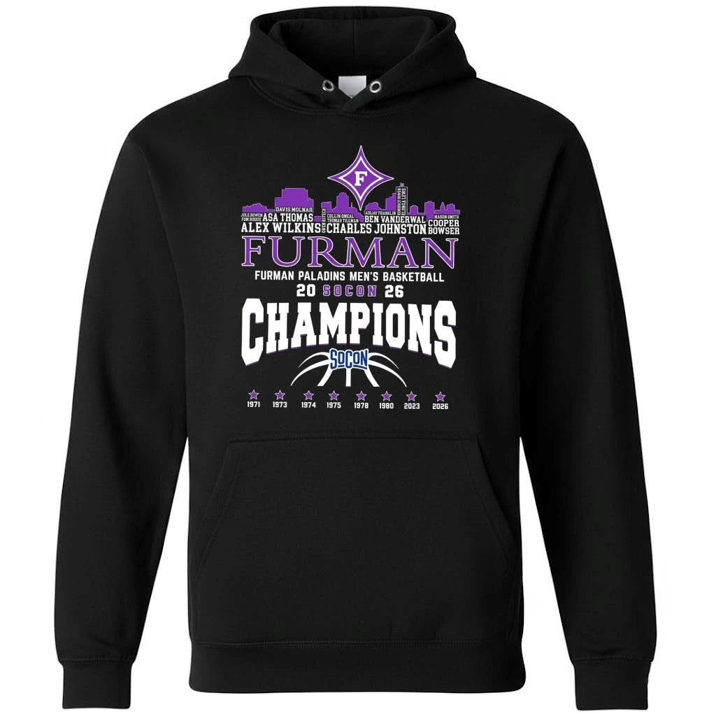Congrats Furman Paladins Champions 2026 SoCon Men’s Basketball 8X City Skyline Shirt
