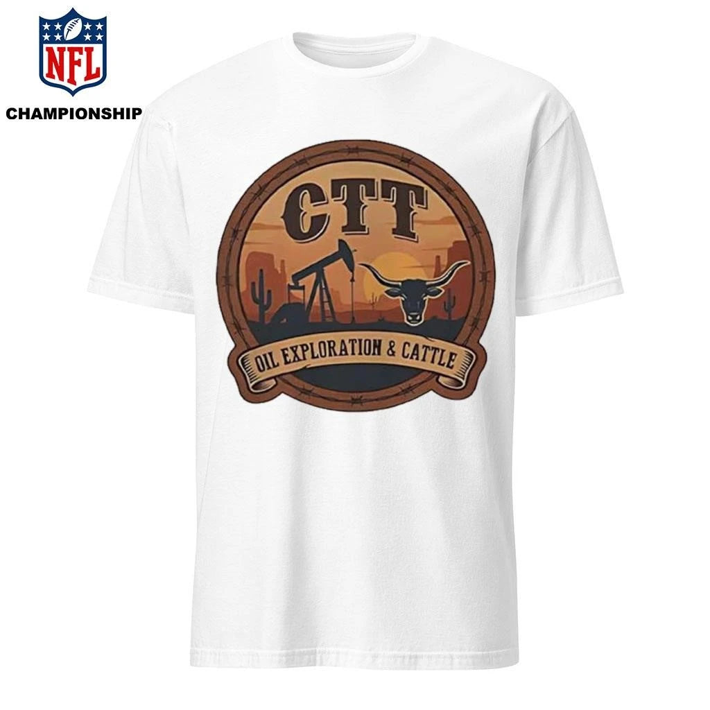 CTT Oil Exploration and Cattle Sunset Badge Texas Oil Rig Longhorn Shirt