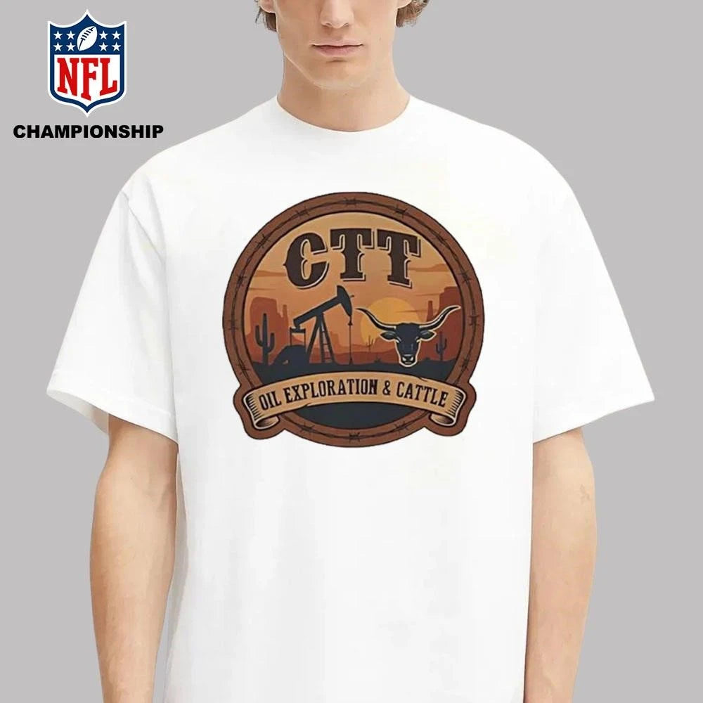 CTT Oil Exploration and Cattle Sunset Badge Texas Oil Rig Longhorn Shirt