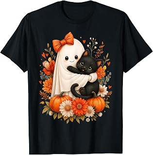 Halloween Ghost Cat Pumpkin Floral Bow Girl Unisex T-shirt, Sweatshirt, Hoodie (1)