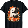 Halloween Ghost Cat Pumpkin Floral Bow Girl Unisex T-shirt, Sweatshirt, Hoodie (1)
