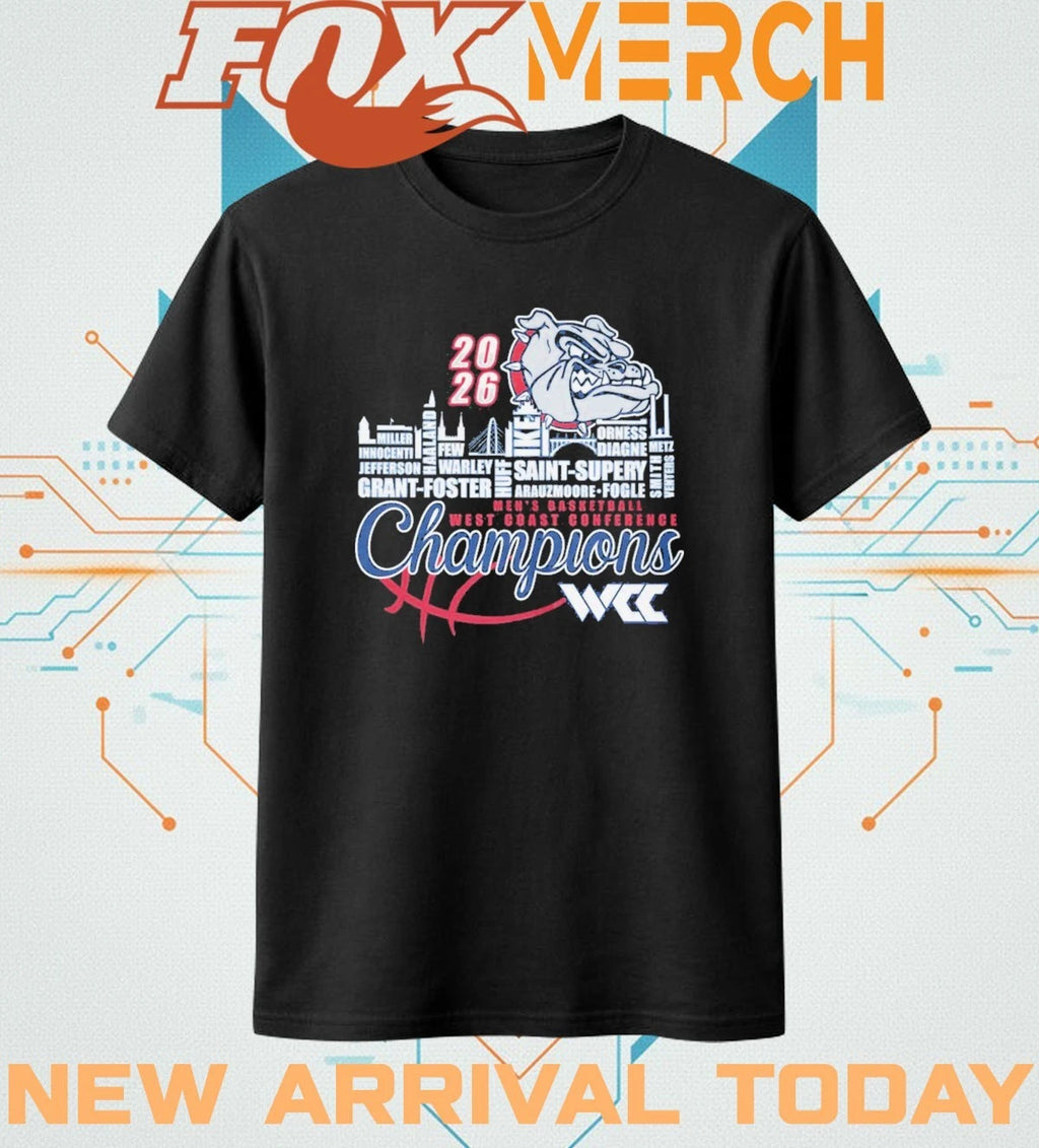 Gonzaga Bulldogs 2026 Men’s Basketball West Coast Conference Champions skyline t-shirt