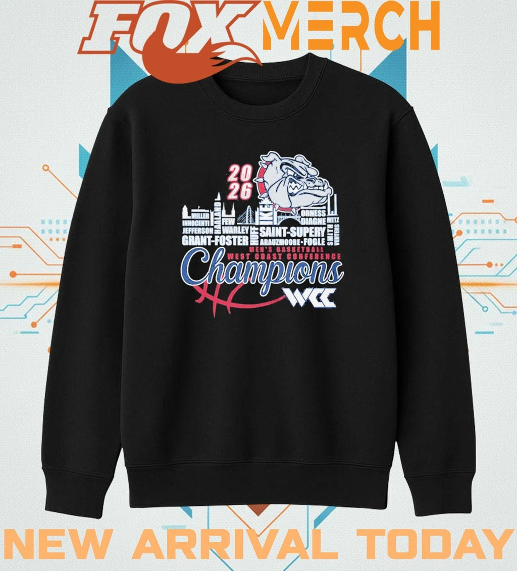 Gonzaga Bulldogs 2026 Men’s Basketball West Coast Conference Champions skyline t-shirt