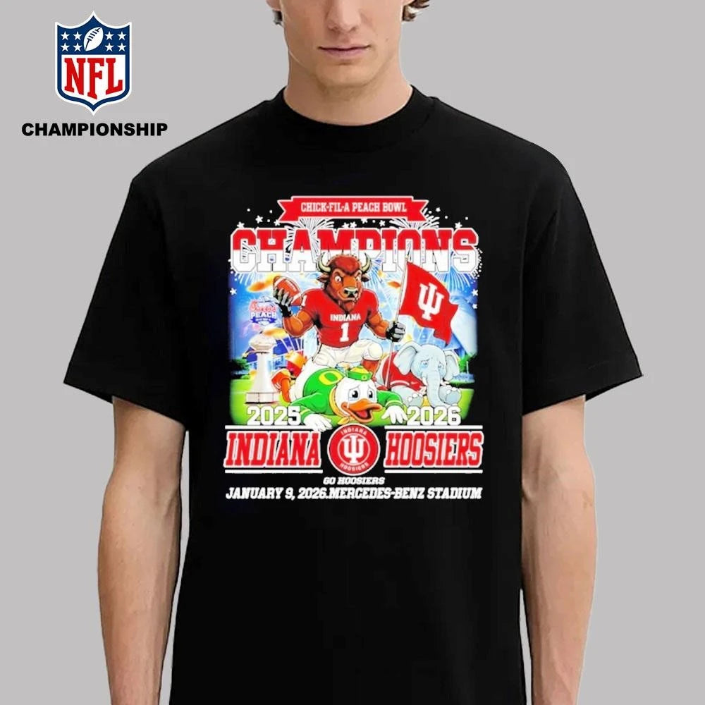 Indiana beat Oregon Alabama won the ’25 ’26 CFP Peach Bowl Champions mascot Shirt