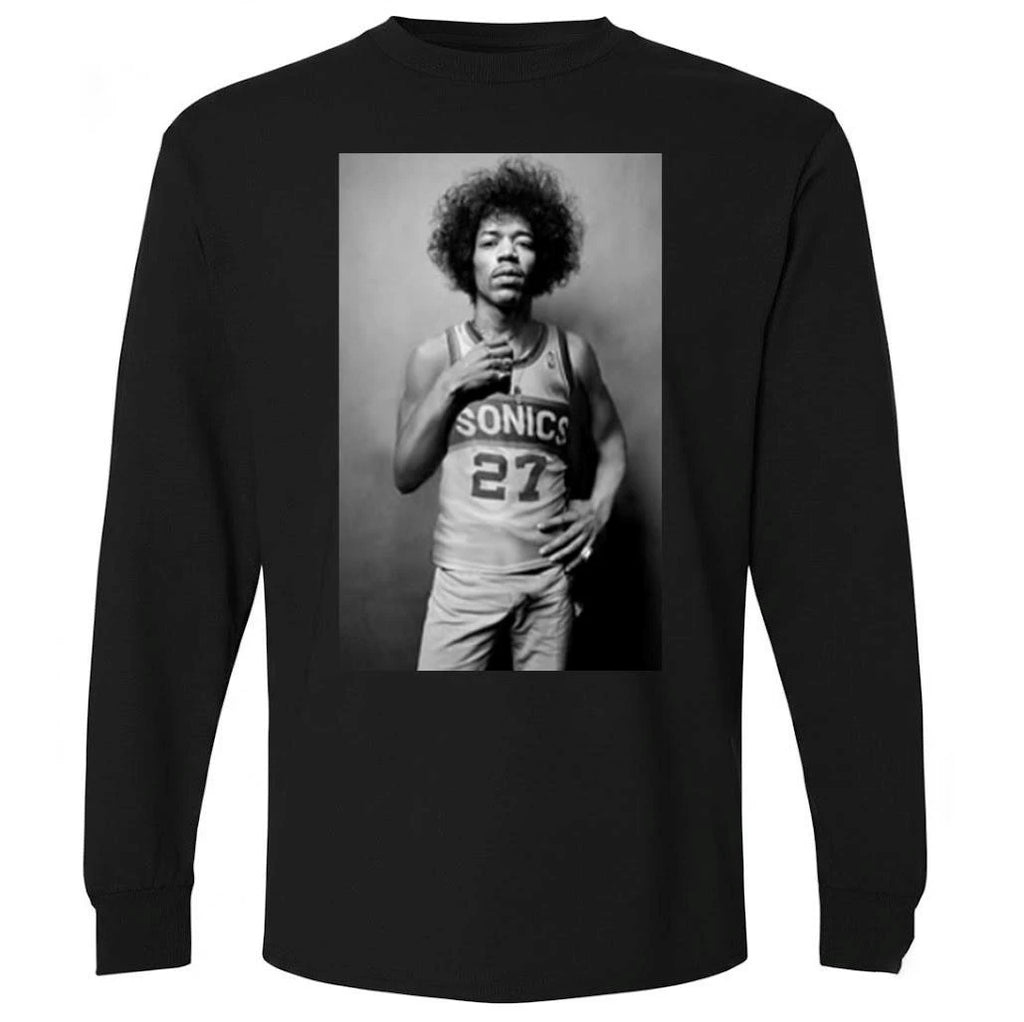 Mitch Johnson With Jimi Hendrix Wear Jersey Seattle Supersonics Shirt