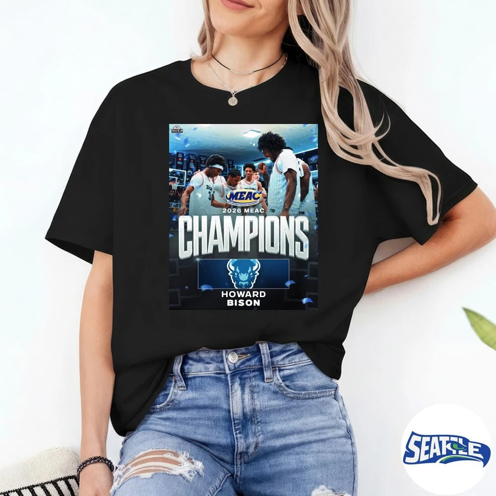 Official 2026 MEAC Mid-Eastern Athletic Conference Champions Howard Bison Men’s Basketball Poster t-shirt