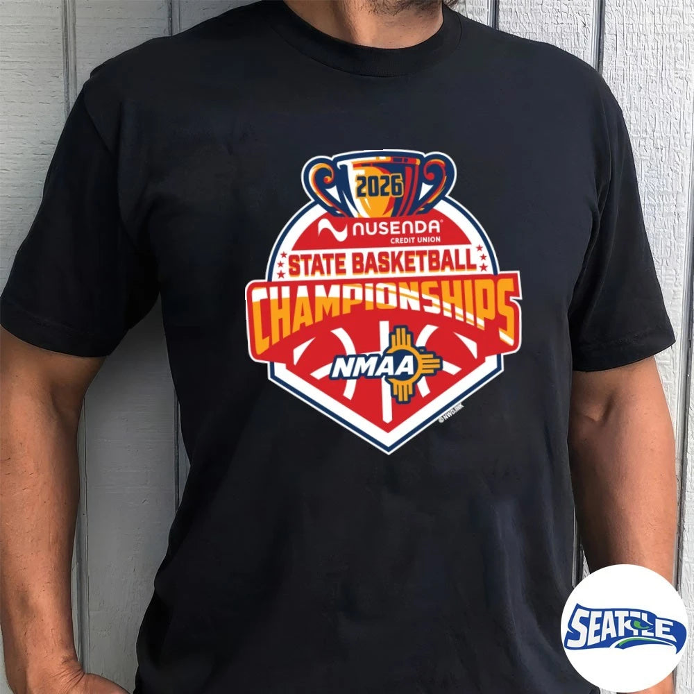 Official 2026 Nusenda Credit Union State Basketball Championships NMAA Logo t-shirt