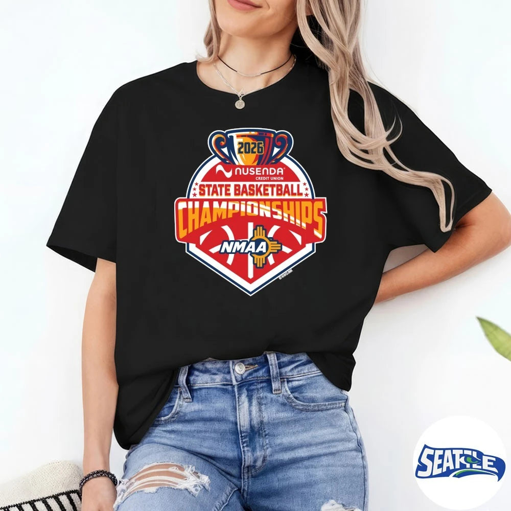 Official 2026 Nusenda Credit Union State Basketball Championships NMAA Logo t-shirt