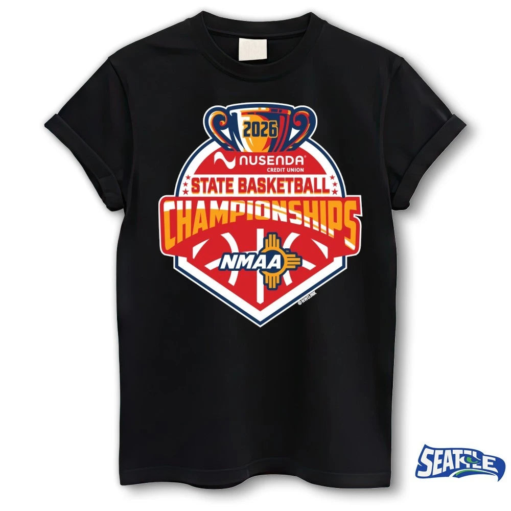Official 2026 Nusenda Credit Union State Basketball Championships NMAA Logo t-shirt