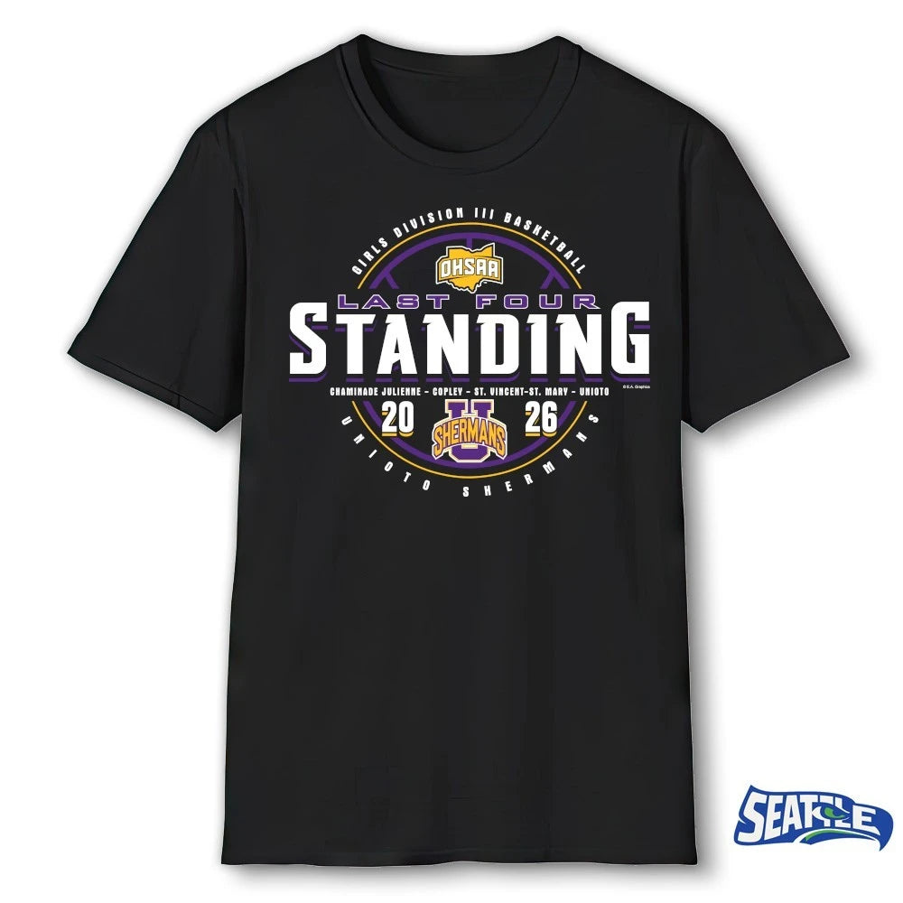 Official 2026 OHSAA Girls Basketball D3 Last Four Standing Unioto Shermans t-shirt