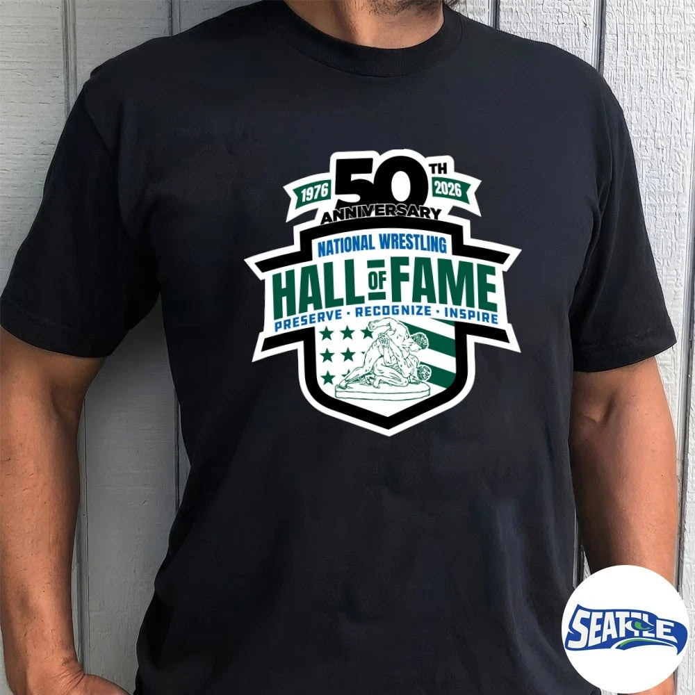 Official 50th Anniversary National Wrestling Hall Of Fame And Museum Preserve Recognize Inspire Logo t-shirt