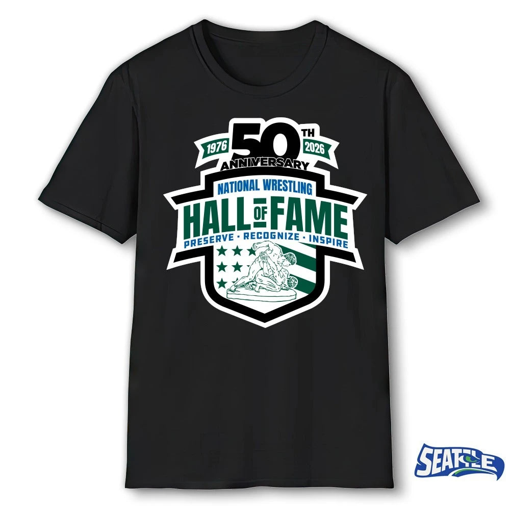 Official 50th Anniversary National Wrestling Hall Of Fame And Museum Preserve Recognize Inspire Logo t-shirt