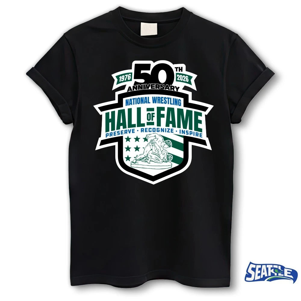 Official 50th Anniversary National Wrestling Hall Of Fame And Museum Preserve Recognize Inspire Logo t-shirt