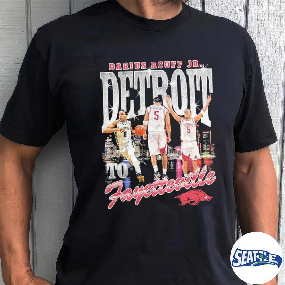 Official Arkansas Razorbacks 2026 NCAA Men’s Basketball Sweet Sixteen Detroit to Fayetteville Darius Acuff Jr. t-shirt