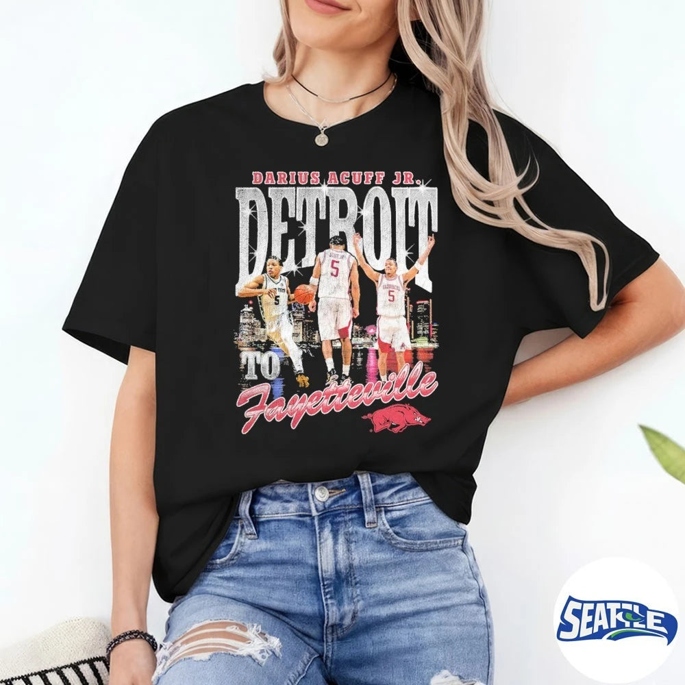 Official Arkansas Razorbacks 2026 NCAA Men’s Basketball Sweet Sixteen Detroit to Fayetteville Darius Acuff Jr. t-shirt