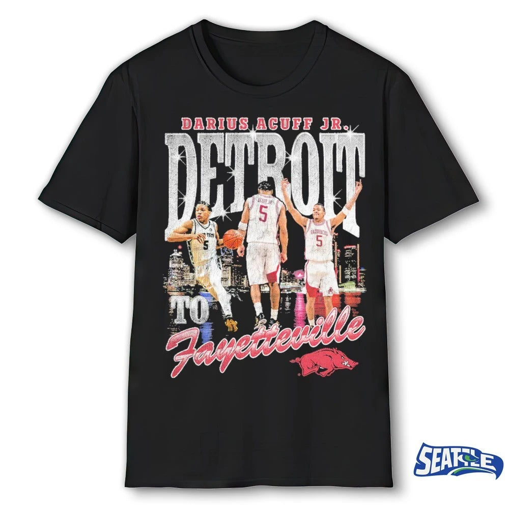 Official Arkansas Razorbacks 2026 NCAA Men’s Basketball Sweet Sixteen Detroit to Fayetteville Darius Acuff Jr. t-shirt