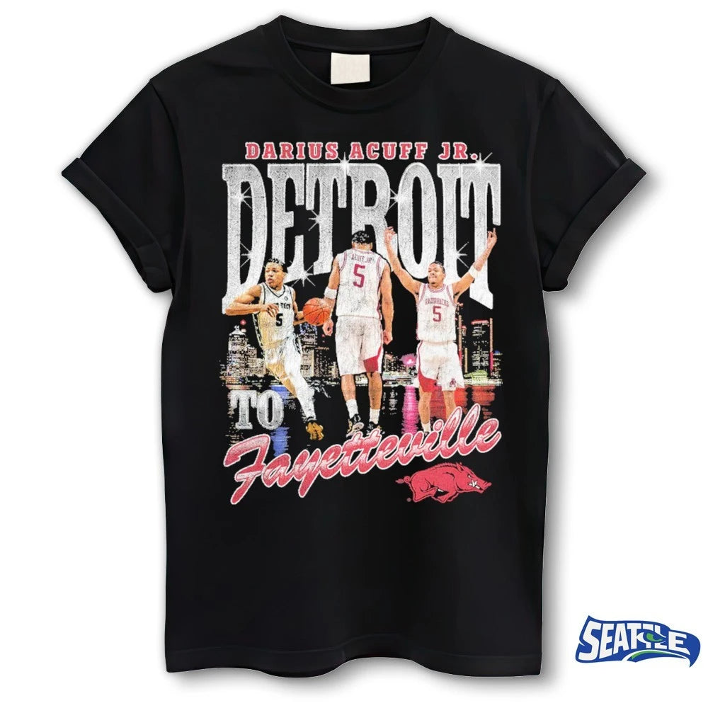 Official Arkansas Razorbacks 2026 NCAA Men’s Basketball Sweet Sixteen Detroit to Fayetteville Darius Acuff Jr. t-shirt