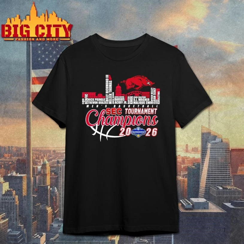 Official Arkansas Razorbacks men’s basketball 2026 sec tournament champions name sky line T-shirt