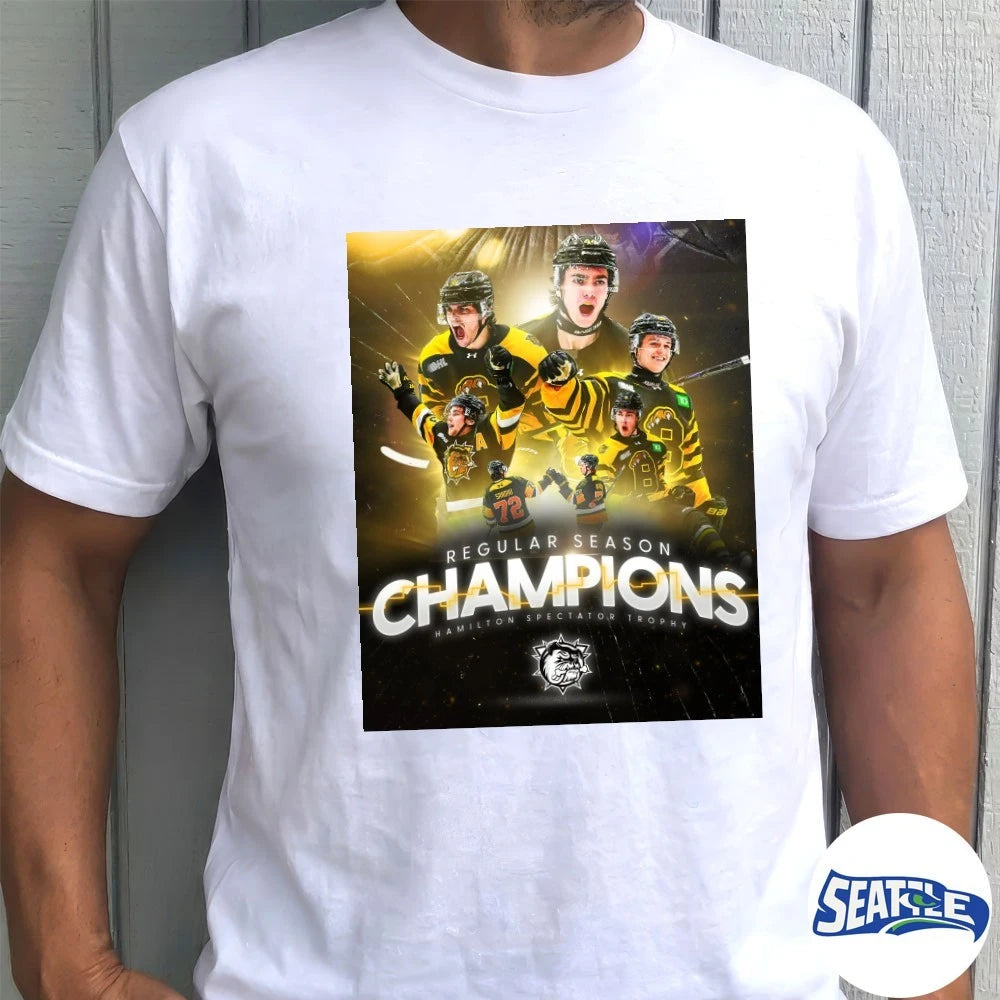 Official Brantford Bulldogs 2026 Regular Season Champions Hamilton Spectator Trophy Poster t-shirt