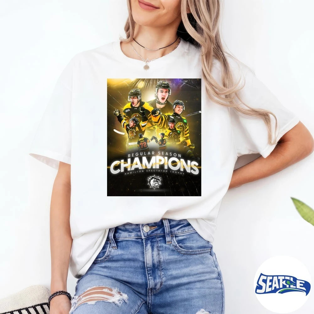 Official Brantford Bulldogs 2026 Regular Season Champions Hamilton Spectator Trophy Poster t-shirt