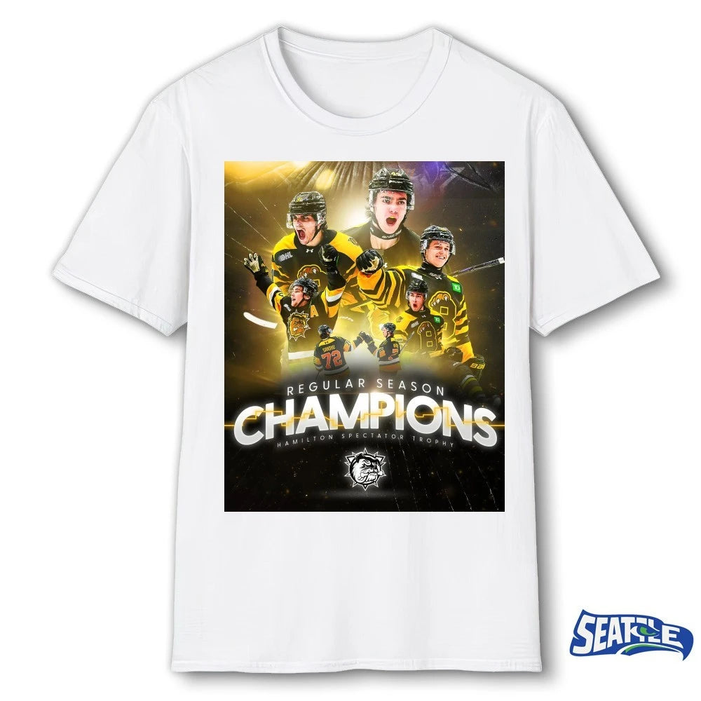 Official Brantford Bulldogs 2026 Regular Season Champions Hamilton Spectator Trophy Poster t-shirt