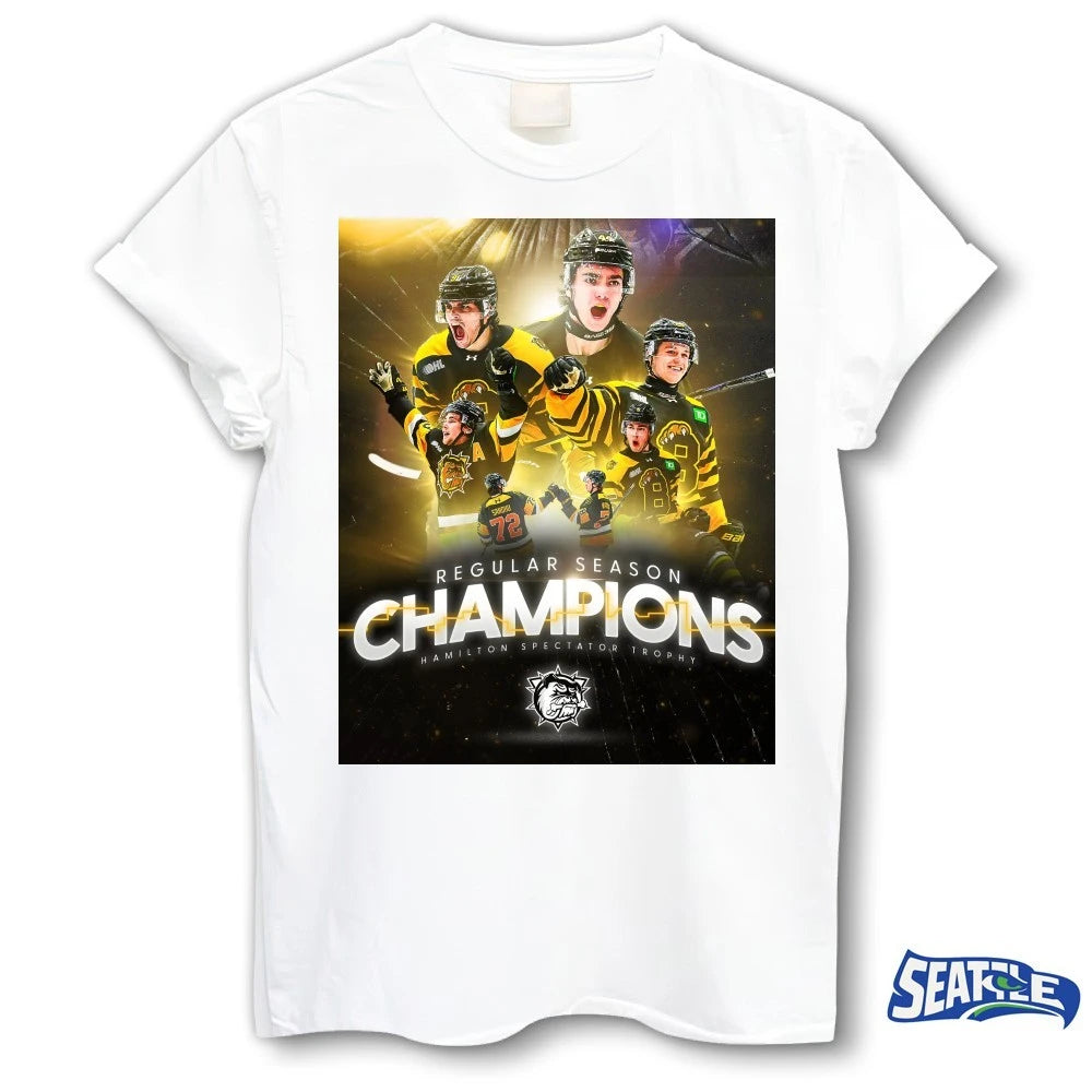 Official Brantford Bulldogs 2026 Regular Season Champions Hamilton Spectator Trophy Poster t-shirt