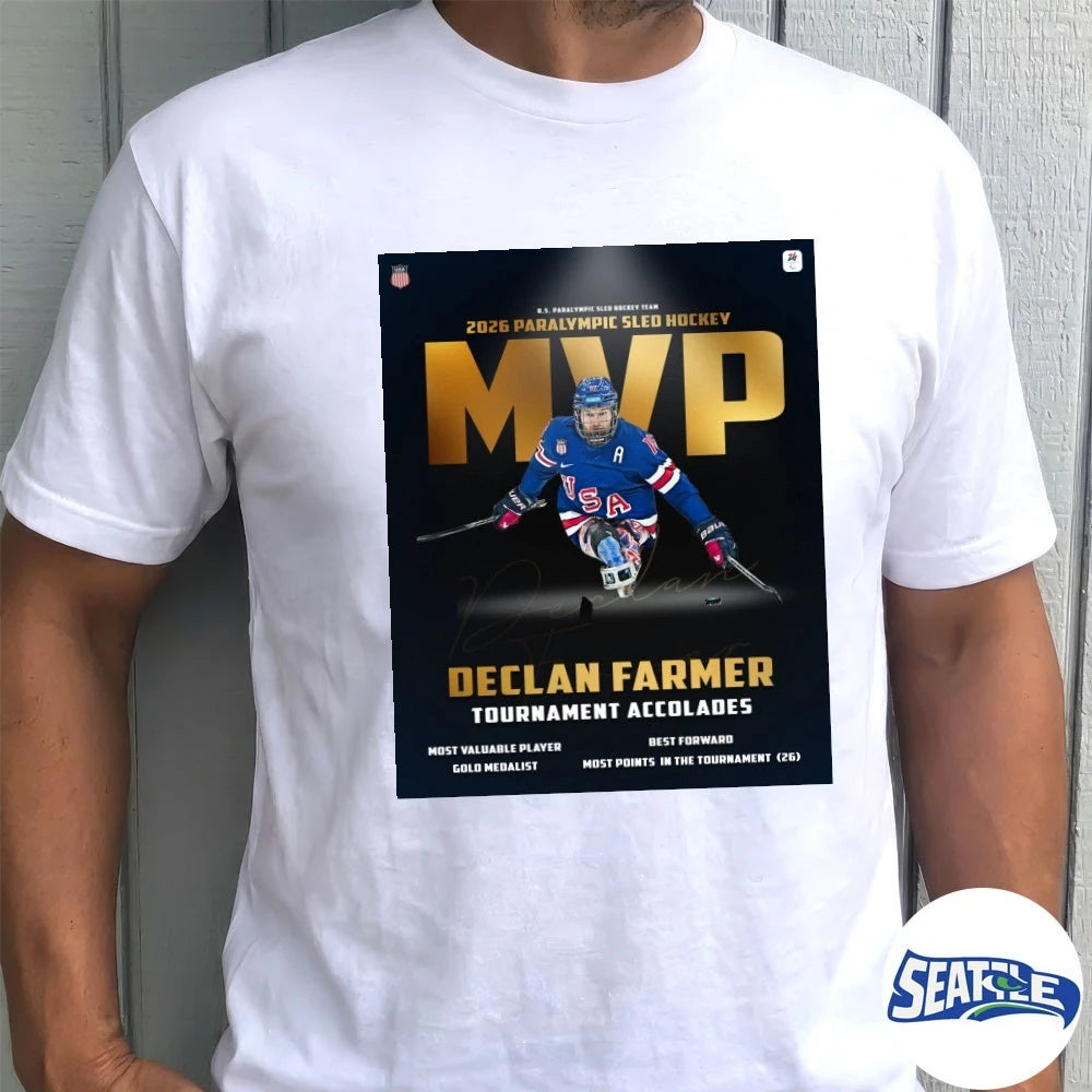Official Declan Farmer Tournament Accolades 2026 Paralympic Sled Hockey MVP Signature Poster t-shirt