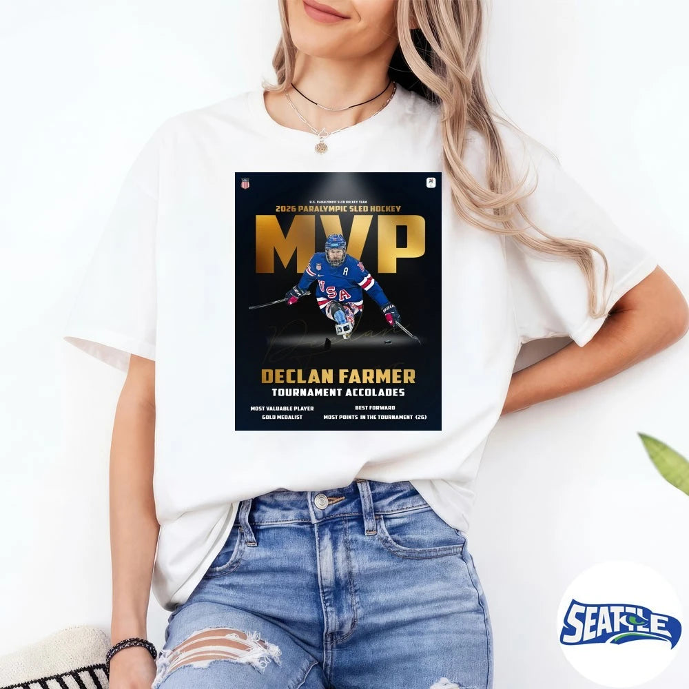 Official Declan Farmer Tournament Accolades 2026 Paralympic Sled Hockey MVP Signature Poster t-shirt
