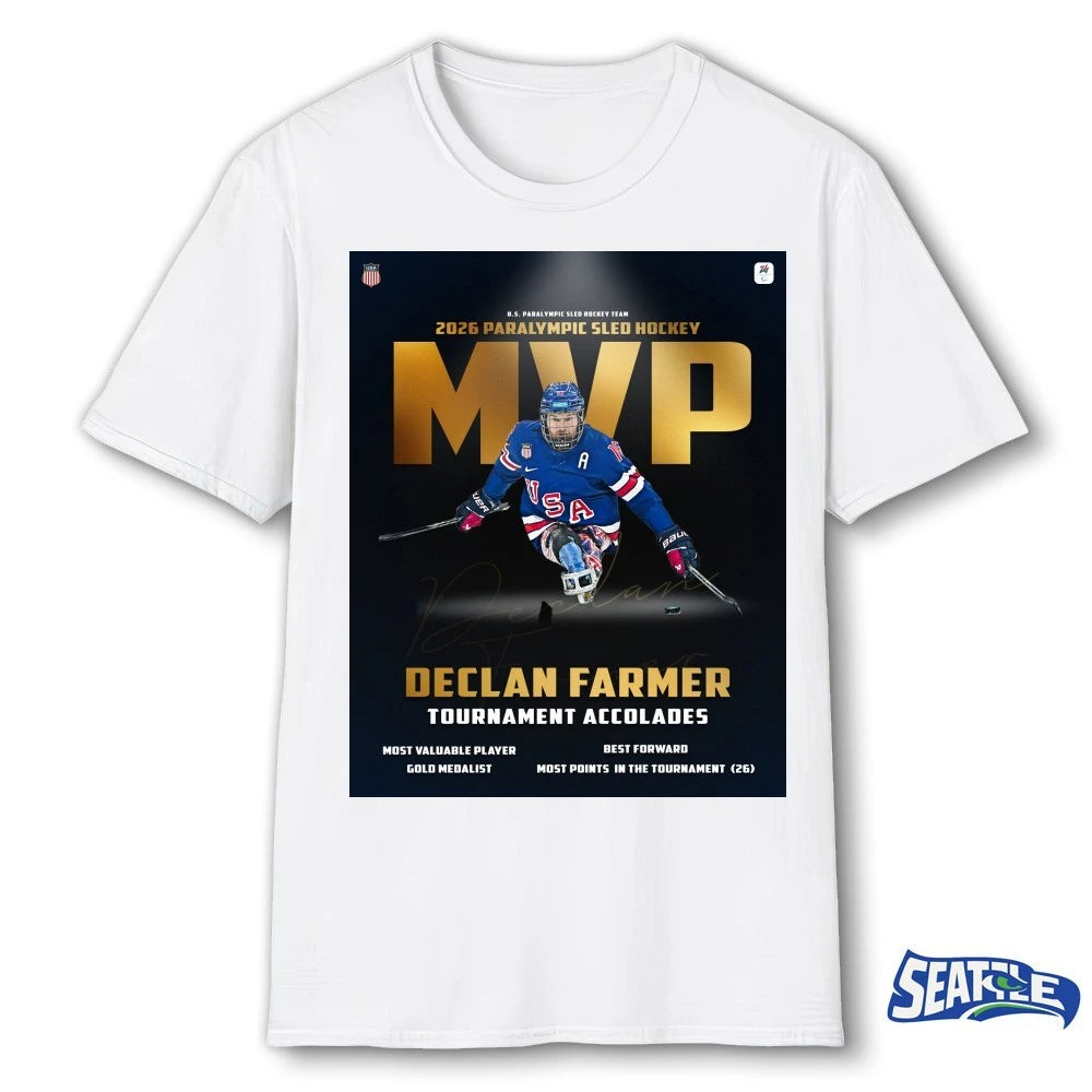 Official Declan Farmer Tournament Accolades 2026 Paralympic Sled Hockey MVP Signature Poster t-shirt