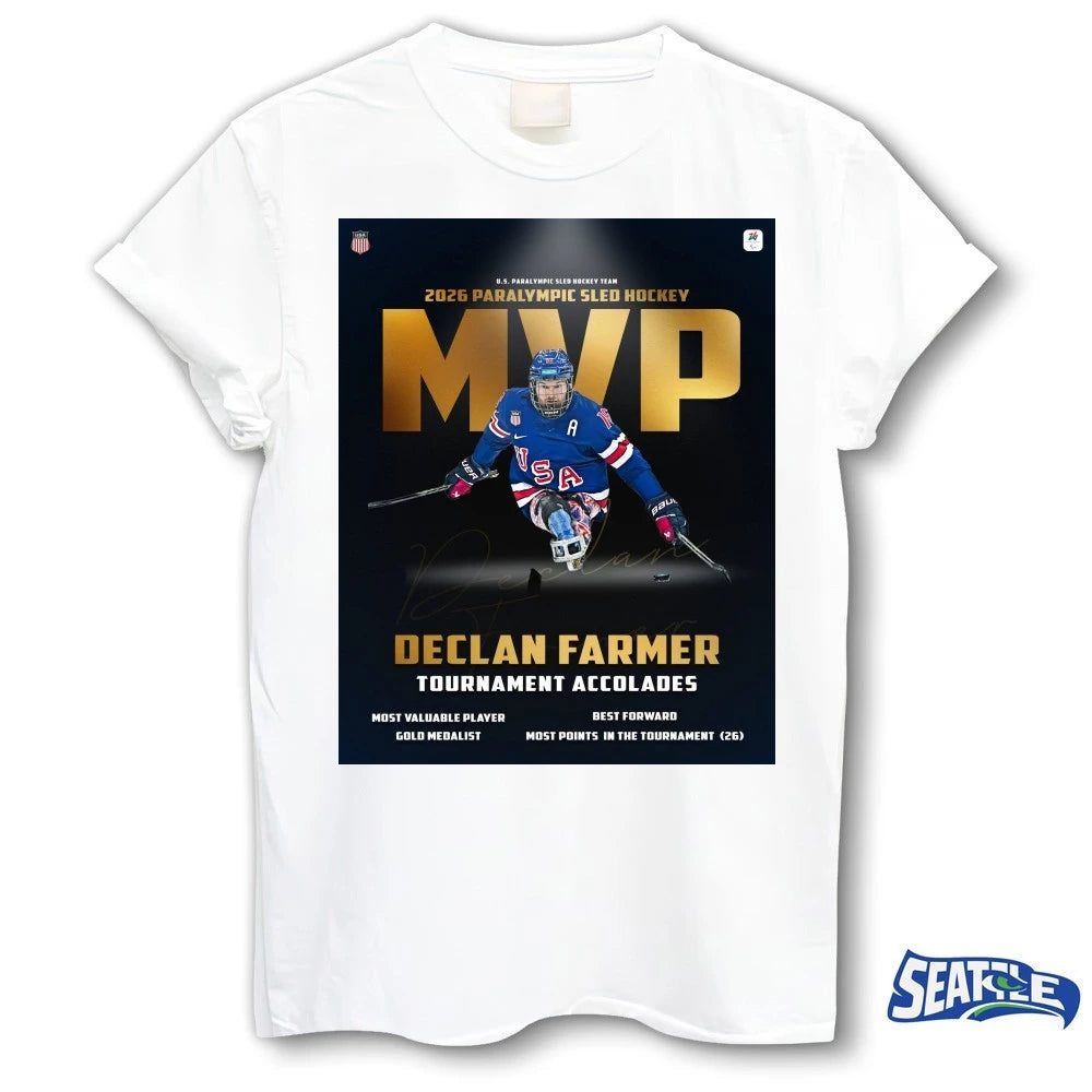 Official Declan Farmer Tournament Accolades 2026 Paralympic Sled Hockey MVP Signature Poster t-shirt