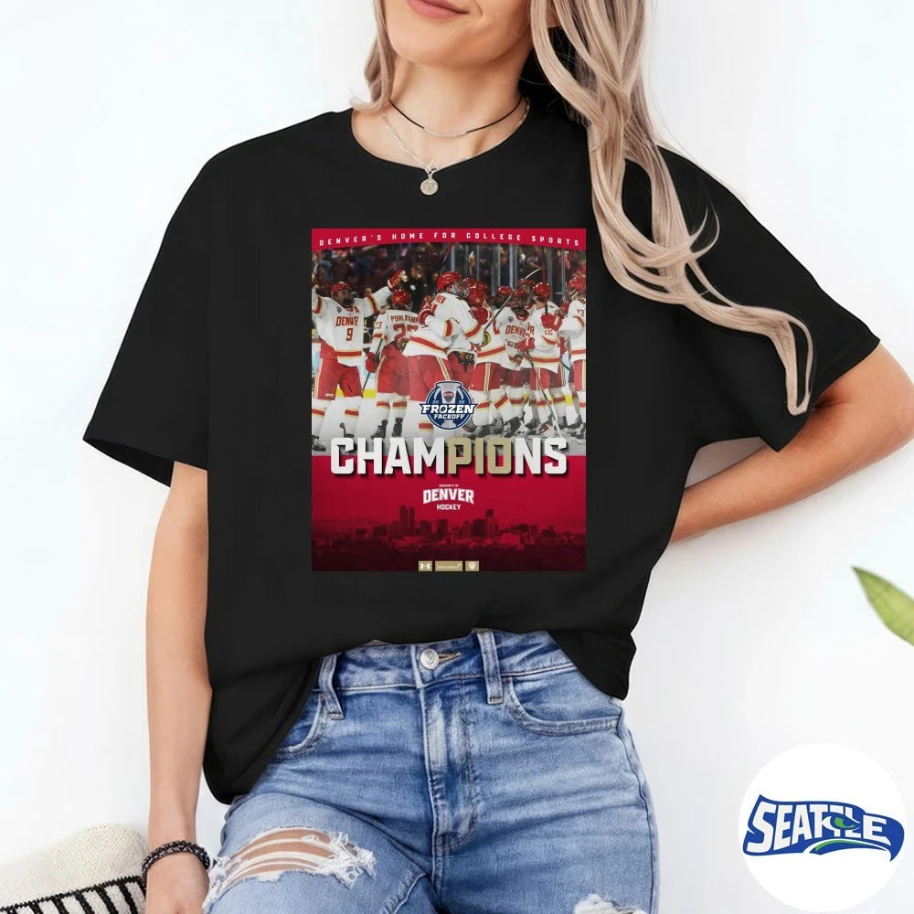 Official Denver Hockey Denver’s Home For College Sports Frozen Faceoff Champions Poster t-shirt