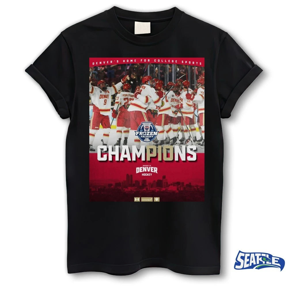 Official Denver Hockey Denver’s Home For College Sports Frozen Faceoff Champions Poster t-shirt