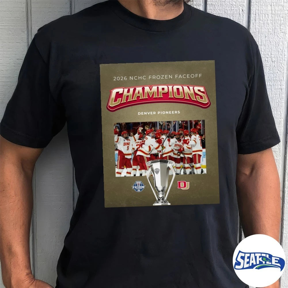 Official Denver Pioneers Hockey 2026 NCHC Frozen Faceoff Poster t-shirt