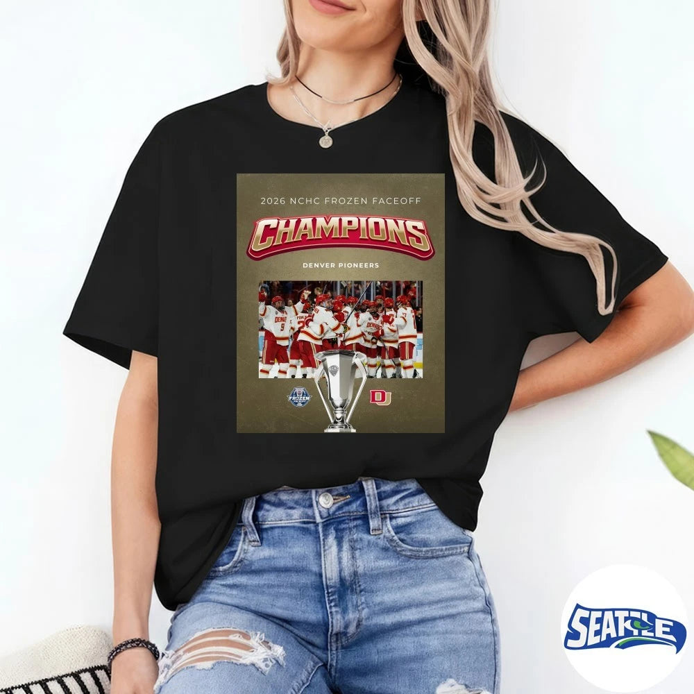Official Denver Pioneers Hockey 2026 NCHC Frozen Faceoff Poster t-shirt
