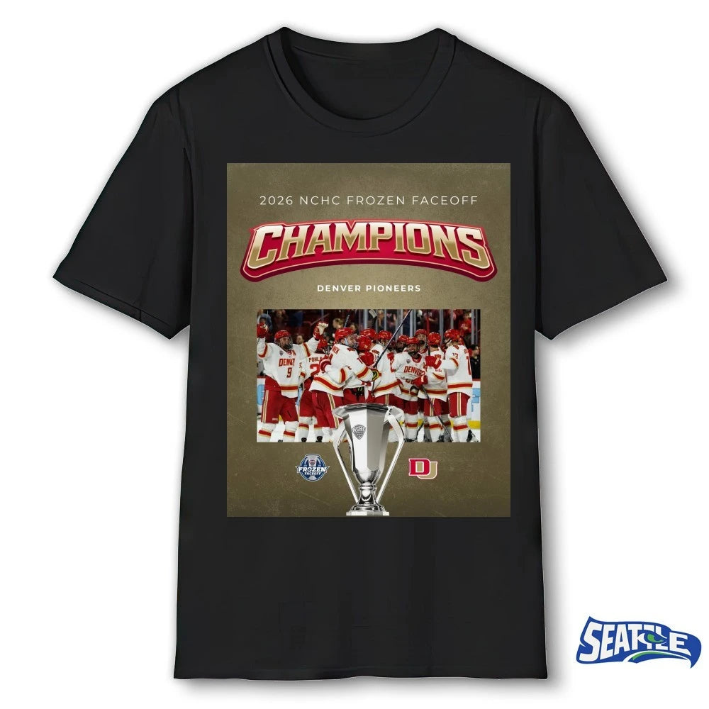Official Denver Pioneers Hockey 2026 NCHC Frozen Faceoff Poster t-shirt