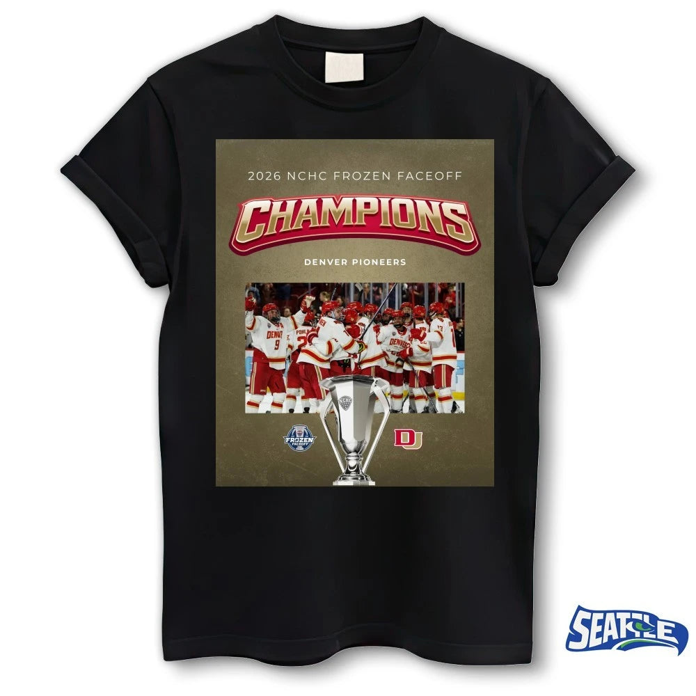 Official Denver Pioneers Hockey 2026 NCHC Frozen Faceoff Poster t-shirt