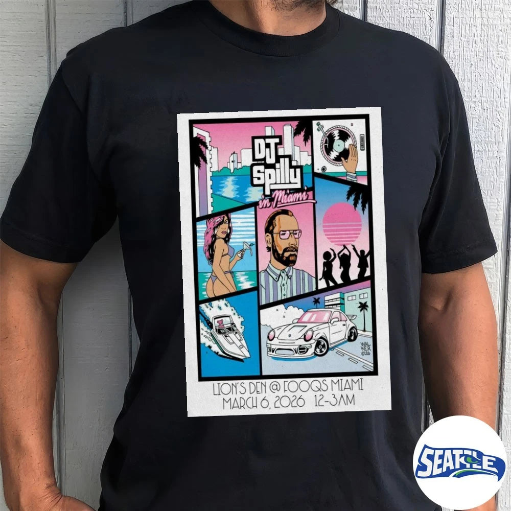 Official DJ SPILLY March 6 2026 Lion’s Den Fooqs Miami Poster t-shirt