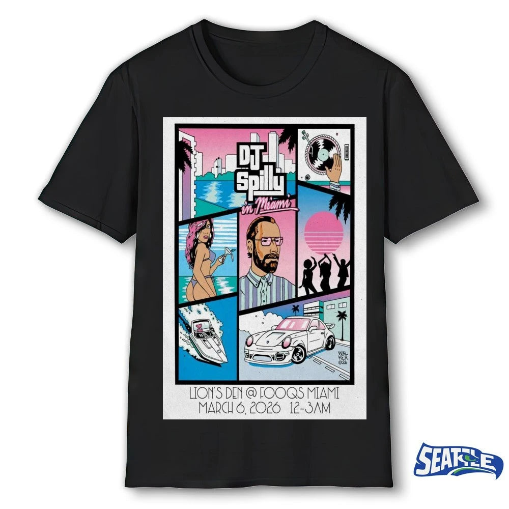 Official DJ SPILLY March 6 2026 Lion’s Den Fooqs Miami Poster t-shirt