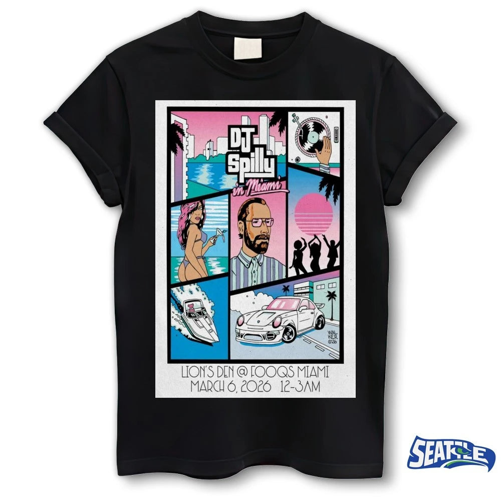 Official DJ SPILLY March 6 2026 Lion’s Den Fooqs Miami Poster t-shirt