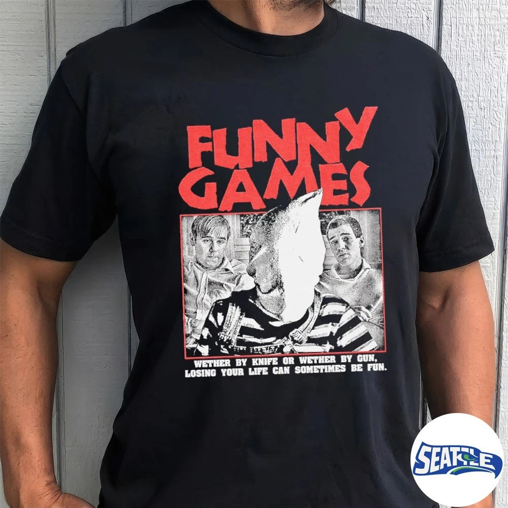 Official Funny Games Wether By Knife Or Wether By Gun Losing Your Life Can Sometimes Be Fun t-shirt