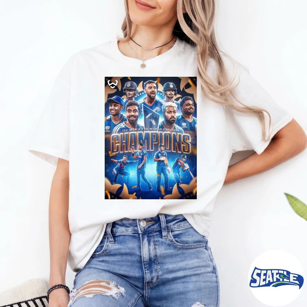 Official India defeated New Zealand ICC Men’s T20 World Cup 2026 Champions Poster t-shirt