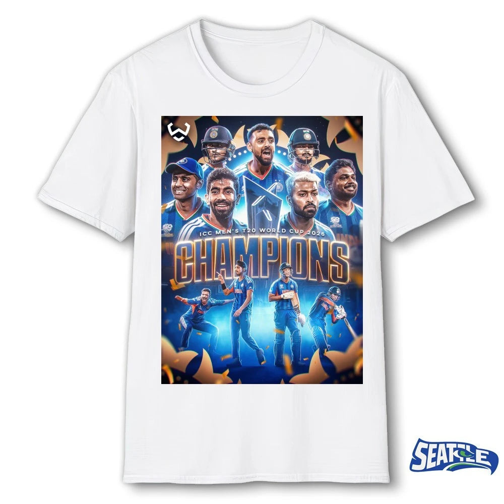 Official India defeated New Zealand ICC Men’s T20 World Cup 2026 Champions Poster t-shirt