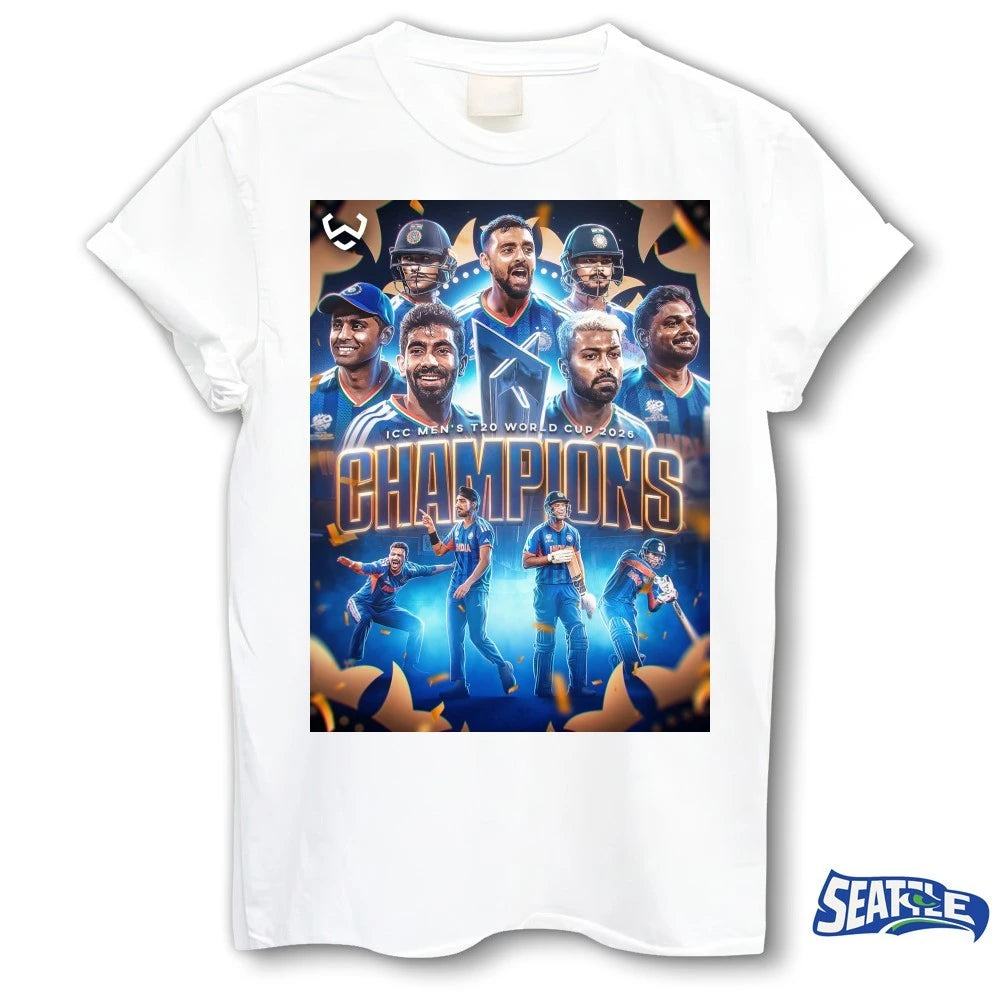 Official India defeated New Zealand ICC Men’s T20 World Cup 2026 Champions Poster t-shirt