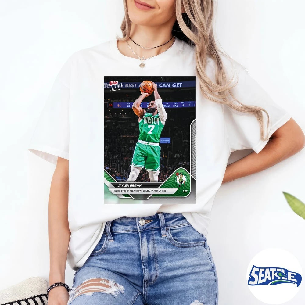 Official Jaylen Brown Enters Top 10 On Celtics’ All-Time Scoring List 2025-26 NBA Topps NOW Card t-shirt
