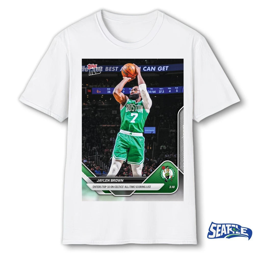 Official Jaylen Brown Enters Top 10 On Celtics’ All-Time Scoring List 2025-26 NBA Topps NOW Card t-shirt